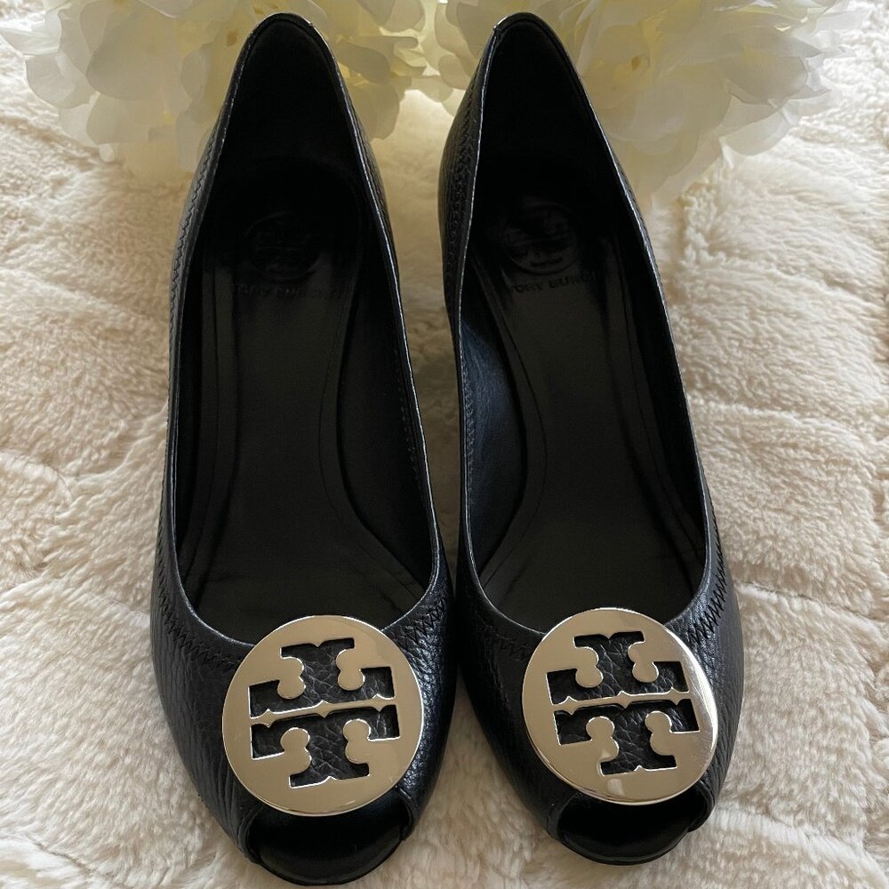 Tory Burch Black Peep-Toe Heels with Silver Logo